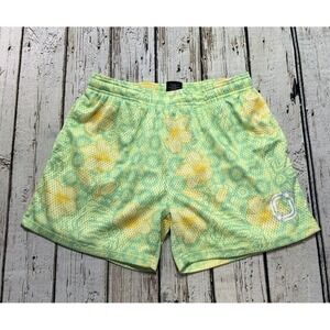 Overtime Men Medium Green Orange Floral Mesh‎ Basketball Shorts Relaxed Fit Logo